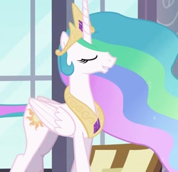 Size: 1117x1080 | Tagged: safe, screencap, princess celestia, alicorn, pony, g4, my little pony: friendship is magic, sweet and elite, concave belly, cropped, crown, ethereal mane, eyes closed, female, folded wings, indoors, jewelry, lip bite, long mane, mare, peytral, regalia, slender, solo, sparkly mane, standing, tall, thin, wings