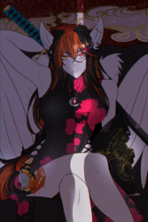 Size: 2000x3000 | Tagged: safe, artist:carbutt69, oc, oc only, oc:cannon car, pegasus, anthro, armpits, breasts, crossed legs, ear piercing, earring, female, heterochromia, jewelry, katana, multicolored mane, necklace, piercing, scar, sitting, smiling, solo, sword, weapon, wings