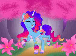 Size: 1519x1116 | Tagged: safe, artist:bluestar386, misty brightdawn, pony, unicorn, g5, accessory, bracelet, bridlewood, bridlewoodstock, clothes, cute, eyes closed, female, floral head wreath, flower, forest, happy, horn, jewelry, leg warmers, mare, mistybetes, nature, open mouth, open smile, pale belly, rebirth misty, smiling, solo, standing on two hooves, style of the day, thin, tree