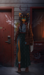 Size: 1771x3000 | Tagged: safe, artist:dogs, derpibooru exclusive, oc, oc only, anthro, anthro oc, clothes, collage, graffiti, headphones, photoshop, scenery, skirt, solo