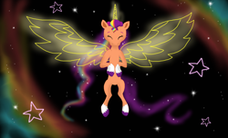 Size: 2160x1316 | Tagged: safe, artist:bluestar386, sunny starscout, alicorn, pony, g5, artificial horn, artificial wings, augmented, belly, coat markings, ethereal mane, ethereal tail, female, flowing mane, horn, human shoulders, large wings, long mane, long tail, magic, magic horn, magic wings, mane stripe sunny, mare, race swap, skinny, socks (coat markings), solo, space, sunnycorn, tail, thin, unshorn fetlocks, wallpaper, wings