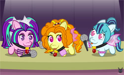 Size: 2330x1419 | Tagged: safe, artist:wheatley r.h., derpibooru exclusive, adagio dazzle, aria blaze, sonata dusk, earth pony, pony, rainbow rocks 10th anniversary, equestria girls, g4, my little pony equestria girls: rainbow rocks, bracelet, chibi, cute, female, gem, jewelry, mare, microphone, necklace, ponified, ponytail, siren gem, siren wings, spiked wristband, spotlight, stage, the dazzlings, tongue out, vector, watermark, wings, wristband