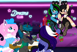 Size: 4652x3118 | Tagged: safe, artist:princessmoonsilver, oc, oc only, oc:dark moon silver, oc:onice, oc:tricket, alicorn, changeling, pony, alicorn oc, animal costume, blushing, bunny costume, bunny ears, bunny suit, changeling oc, clothes, club, costume, crossdressing, dollar, dollars, drink, female, furry, furry oc, horn, male, mare, money, pole, pole dancing, stallion, stripper pole, wings