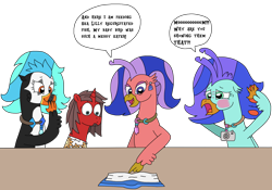 Size: 3240x2271 | Tagged: safe, artist:supahdonarudo, oc, oc only, oc:coral polyp, oc:icebeak, oc:ironyoshi, oc:sea lilly, classical hippogriff, hippogriff, unicorn, blushing, camera, dialogue, ear piercing, earring, embarrassed, female, horn, jewelry, mother and child, mother and daughter, necklace, piercing, scrapbook, simple background, speech bubble, stifling laughter, surprised, table, text, transparent background