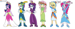 Size: 5983x2313 | Tagged: safe, artist:eagc7, applejack, fluttershy, pinkie pie, rainbow dash, rarity, twilight sparkle, human, equestria girls, g4, magical mystery cure, clothes, commission, coronation dress, dress, female, group, humane five, humane six, ko-fi, mane six, patreon, simple background, transparent background