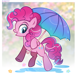 Size: 2360x2360 | Tagged: safe, artist:scarffist, pinkie pie, earth pony, pony, g4, base used, curly hair, curly mane, curly tail, flower, gritted teeth, happy, long hair, long mane, long tail, looking back, pink coat, pink hair, pink mane, puddle, rain, smiling, solo, tail, teeth, umbrella, walking, water