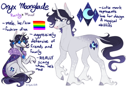 Size: 3250x2250 | Tagged: safe, artist:squishkitti, part of a set, oc, oc only, oc:onyx moonglade, classical unicorn, pony, unicorn, g4, blaze (coat marking), blue eyes, brooch, cape, clothes, cloven hooves, coat markings, colored ear fluff, colored hooves, concave belly, ear fluff, facial markings, female, fur cape, gradient ears, gradient legs, gradient mane, gradient tail, gray coat, gray hooves, gray text, high res, hooves, horn, implied maud pie, implied rarity, jewelry, leg markings, leonine tail, lidded eyes, long eyelashes, long mane male, magical lesbian spawn, male, male oc, offspring, parent:maud pie, parent:rarity, parents:rarimaud, pride, pride flag, purple mane, purple tail, purple text, raised hoof, reference sheet, ship:rarimaud, signature, silver coat, simple background, sitting, smiling, snip (coat marking), solo, stallion, stallion oc, standing, standing on three hooves, sunglasses, tail, tall ears, three toned ears, unicorn horn, unshorn fetlocks, wavy mane, wavy tail, white background