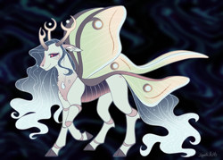 Size: 3500x2500 | Tagged: safe, artist:squishkitti, oc, oc only, changedling, changeling, changepony, hybrid, g4, abstract background, adoptable, antlers, blaze (coat marking), changedling oc, changeling oc, chest fluff, cloven hooves, coat markings, colored antlers, colored ear fluff, colored ears, colored hooves, colored horn, colored sclera, colored wings, dorsal stripe, ethereal mane, eyelashes, facial markings, floppy ears, gradient antlers, gradient horn, gradient mane, gradient tail, gray hooves, high res, hooves, horn, hybrid oc, interspecies offspring, long mane, long tail, moth wings, multicolored mane, multicolored tail, multicolored wings, no catchlights, offspring, outline, parent:princess luna, parent:thorax, parents:thuna, pink eyes, profile, purple sclera, raised hoof, segmented legs, signature, smiling, solo, sparkly mane, sparkly tail, standing on three hooves, starry mane, starry tail, striped mane, striped tail, tail, unique horn, wavy mane, wavy tail, white body, white pupils, wing markings, wings