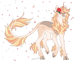 Size: 3000x2500 | Tagged: safe, artist:squishkitti, oc, oc only, kirin, g4, adoptable, brown hooves, cloven hooves, coat markings, colored, colored hooves, colored horn, colored pinnae, cream coat, facial markings, female, female oc, flat colors, flower, flower in hair, flower on ear, flower petals, high res, hooves, horn, interspecies offspring, kirin horn, kirin oc, leg fluff, leg markings, leonine tail, no catchlights, offspring, orange mane, orange tail, parent:prince blueblood, parent:rain shine, parents:blueshine, pink eyes, raised hoof, raised leg, rose, signature, simple background, solo, striped mane, striped tail, tail, three quarter view, three toned mane, three toned tail, transparent background