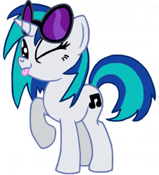 Size: 721x798 | Tagged: safe, artist:silvathebrony, dj pon-3, vinyl scratch, pony, unicorn, g4, ;p, female, horn, looking at you, mare, one eye closed, raised hoof, simple background, solo, standing, sunglasses, sunglasses on head, tongue out, vinyl's glasses, white background, wink, winking at you