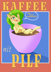 Size: 4961x7016 | Tagged: safe, artist:bluishdraft, oc, oc only, oc:nettle vienna, earth pony, pony, coffee, coffee mug, female, german, mare, mug, solo