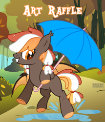 Size: 2060x2400 | Tagged: safe, artist:olivi, oc, oc only, bat pony, pony, autumn, food, forest, free art, giveaway, nature, orange, prize, raffle, rain, solo, tree, umbrella