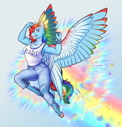 Size: 1672x1734 | Tagged: safe, artist:blackblood-queen, rainbow dash, pegasus, anthro, unguligrade anthro, g4, clothes, colored wings, digital art, female, flying, mare, multicolored wings, pants, rainbow wings, shirt, smiling, solo, torn clothes, wings