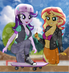 Size: 948x1000 | Tagged: safe, artist:emeraldblast63, starlight glimmer, sunset shimmer, human, equestria girls, g4, belly, belly button, breasts, busty starlight glimmer, busty sunset shimmer, cleavage, converse, duo, duo female, female, grin, helmet, lens flare, midriff, open mouth, open smile, screwdriver, shoes, skateboard, smiling, stupid sexy starlight glimmer, stupid sexy sunset shimmer