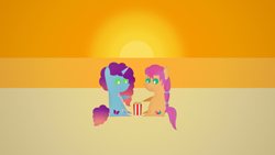 Size: 1920x1080 | Tagged: safe, artist:carrotorangelight, misty brightdawn, sunny starscout, earth pony, pony, unicorn, g5, duo, duo female, eating, female, food, herbivore, horn, pointy ponies, popcorn, rebirth misty, sunset