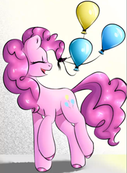 Size: 655x892 | Tagged: safe, artist:juhul13th, pinkie pie, earth pony, g4, balloon, cute, eyes closed, female, looking back, open mouth, smiling, solo