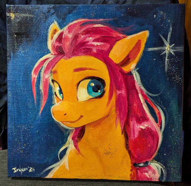 Size: 2268x2220 | Tagged: safe, artist:imalou, sunny starscout, earth pony, pony, czequestria, g5, bust, canvas, featured image, female, looking sideways, mare, painting, portrait, scrunchie, smiling, solo, traditional art