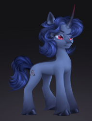 Size: 2581x3403 | Tagged: safe, artist:copshop, oc, oc only, oc:vitor, pony, unicorn, blue coat, blue mane, blue tail, coat markings, colored, colored eartips, colored hooves, colored horn, colored horntip, colored pupils, commission, concave belly, curved horn, dorsal stripe, ethereal mane, facial markings, frown, gradient background, gradient horn, gray hooves, hoof fluff, hooves, horn, lineless, male, male oc, multicolored horn, narrowed eyes, prince, quadrupedal, red eyes, red pupils, shading, shiny hooves, signature, slender, snip (coat marking), solo, stallion, stallion oc, starry mane, tail, thin, three quarter view, two toned ears, unicorn horn, unicorn oc, unshorn fetlocks, watermark