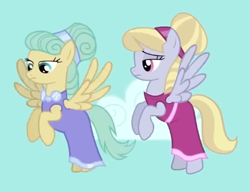 Size: 453x348 | Tagged: safe, screencap, cloud kicker, sunshower raindrops, pegasus, pony, g4, hearth's warming eve (episode), season 2, alternate hairstyle, clothes, cloud, cropped, dress, duo, duo female, female, flying, lidded eyes, mare, sky, spread wings, unimpressed, updo, wings