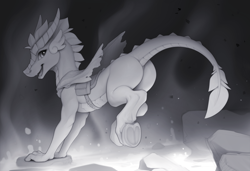 Size: 3210x2200 | Tagged: safe, artist:yakovlev-vad, oc, oc only, dracony, dragon, hybrid, butt, cape, clothes, featureless crotch, fit, looking at you, monochrome, open mouth, patreon, patreon reward, plot, saddle, satchel, scaled underbelly, shading, slender, solo, tack, tail, thin, underhoof, wingless dragon