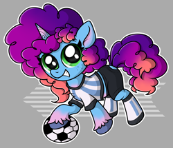 Size: 2264x1945 | Tagged: safe, artist:background basset, misty brightdawn, pony, unicorn, g5, abstract background, argentina, ball, clothes, cute, female, football, freckles, horn, looking at you, mare, mistybetes, rebirth misty, shirt, shorts, smiling, smiling at you, socks, solo, sports, uniform, unshorn fetlocks