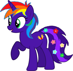 Size: 1511x1462 | Tagged: safe, artist:star-armour95, edit, edited screencap, screencap, oc, oc only, oc:rainbow flower, pony, unicorn, g4, female, flower, flower in tail, horn, mismatched mane and tail, multicolored hair, not a vector, rainbow hair, raised hoof, simple background, solo, tail, transparent background