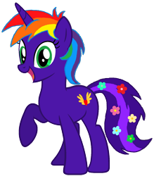 Size: 1282x1462 | Tagged: safe, artist:star-armour95, edit, edited screencap, screencap, oc, oc only, oc:rainbow flower, pony, unicorn, g4, female, flower, flower in tail, happy, horn, mismatched mane and tail, multicolored hair, not a vector, rainbow hair, raised hoof, simple background, solo, tail, transparent background