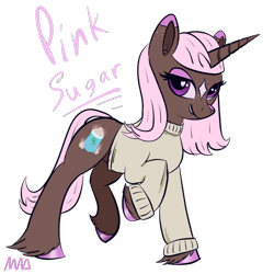 Size: 1256x1256 | Tagged: safe, artist:maonyman, oc, oc only, oc:pink sugar, pony, unicorn, clothes, coat markings, colored eartips, colored hooves, colored nose, eyeshadow, facial markings, female, freckles, hooves, horn, looking at you, makeup, mare, raised hoof, simple background, smiling, smirk, solo, star (coat marking), sweater, transparent background, unshorn fetlocks