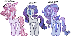 Size: 1391x713 | Tagged: safe, artist:dddddaxie998839, rarity, oc, oc:ensemble, oc:rara avis, earth pony, pegasus, pony, unicorn, g4, alternate coat color, alternate color palette, alternate design, alternate eye color, alternate hairstyle, alternate mane color, alternate tail color, alternate tailstyle, big eyes, blue eyeshadow, bow, colored eyelashes, colored sketch, colored wings, colored wingtips, curly mane, curly tail, earth pony rarity, eyeshadow, female, folded wings, headband, horn, lavender coat, long legs, looking at you, makeup, missing cutie mark, multicolored wingtips, no catchlights, pegasus rarity, pink coat, pink eyelashes, pink eyes, pink eyeshadow, pink mane, pink tail, profile, purple coat, purple eyelashes, purple mane, purple tail, race swap, ringlets, simple background, sketch, slender, smiling, smiling at you, striped tail, tail, tail bow, thin, thin legs, three toned mane, three toned tail, trio, trio female, two toned mane, two toned tail, two toned wings, unicorn horn, wall of tags, wavy mane, wavy tail, white background, white coat, wings