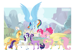 Size: 1280x871 | Tagged: safe, artist:xeon777art, applejack, fluttershy, pinkie pie, rainbow dash, rarity, twilight sparkle, earth pony, pegasus, pony, unicorn, g4, colored hooves, female, fetlock tuft, flying, height difference, hock fluff, hooves, horn, large wings, leg fluff, leonine tail, mane six, mare, open mouth, open smile, outdoors, passepartout, ponyville, slender, smiling, spread wings, tail, tail feathers, tall, thin, unicorn twilight, unshorn fetlocks, wings