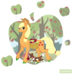 Size: 1280x1280 | Tagged: safe, artist:xeon777art, applejack, winona, dog, earth pony, pony, g4, apple, apple tree, basket, colored hooves, cutie mark background, duo, duo female, female, hock fluff, hooves, leg fluff, mare, mouth hold, outdoors, screencap background, smiling, sweet apple acres, tree, unshorn fetlocks