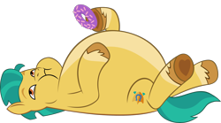 Size: 2764x1542 | Tagged: safe, artist:red4567, hitch trailblazer, earth pony, pony, filly filling, g5, my little pony: tell your tale, spoiler:g5, spoiler:my little pony: tell your tale, belly, big belly, donut, fat, food, herbivore, hitch trailblubber, male, overweight, simple background, solo, stallion, stuffed, that pony sure does love donuts, transparent background, vector