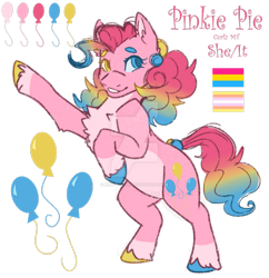 Size: 879x909 | Tagged: safe, artist:king-victor, part of a set, pinkie pie, earth pony, pony, g4, alternate design, alternate mane color, alternate tail color, alternate universe, beanbrows, body freckles, character name, chest fluff, coat markings, color palette, colored, colored belly, colored eyebrows, colored eyelashes, colored hooves, colored pinnae, colored pupils, curly mane, curly tail, cutie mark, description at source, deviantart watermark, ear fluff, eyebrows, facial markings, flat colors, freckles, gradient mane, gradient tail, heterochromia, hooves, leg freckles, looking back, mismatched hooves, multicolored hooves, multicolored mane, multicolored tail, no catchlights, obtrusive watermark, pale belly, pangender, pangender pride flag, pansexual pride flag, pink text, pride, pride flag, raised hoof, rearing, redesign, reference sheet, simple background, smiling, solo, tail, three quarter view, transparent background, unshorn fetlocks, watermark