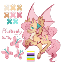 Size: 881x907 | Tagged: safe, artist:king-victor, fluttershy, bat pony, pegasus, pony, g4, alternate design, alternate eye color, alternate hairstyle, alternate universe, bandana, bat ponified, body freckles, bonnet, brown wings, character name, coat markings, color palette, colored, colored belly, colored eartips, colored eyelashes, colored pinnae, colored pupils, colored sclera, colored sketch, colored wings, cutie mark, cutie mark eyes, deviantart watermark, ear fluff, eyelashes, facial markings, feathered tail, flat colors, flutterbat, flying, freckles, gradient legs, gradient mane, gradient tail, green eyelashes, green eyes, green pupils, green sclera, hair over one eye, hybrid wings, long mane, long tail, looking at you, looking back, nonbinary, nonbinary pride flag, obtrusive watermark, pale belly, pink hooves, pink text, pride, pride flag, queer pride flag, race swap, raised hooves, reference sheet, simple background, sketch, smiling, snip (coat marking), socks (coat markings), solo, tail, three quarter view, three toned wings, transparent background, transparent wings, watermark, wavy mane, wavy tail, wing freckles, wing markings, wingding eyes, wings