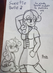 Size: 1120x1528 | Tagged: safe, artist:rosa ushiromiya, sweetie belle, human, pony, equestria girls, g4, breasts, busty sweetie belle, looking at you, monochrome, older, older sweetie belle, sitting, spanish, traditional art, walking