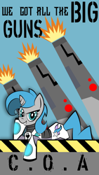 Size: 2700x4800 | Tagged: safe, artist:vareb, oc, oc only, oc:tango starfall, pony, unicorn, armor, artillery, barricade, blue eyes, blue hair, blue tail, cannon, horn, power armor, smiling, smug, solo, tail, text