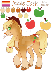 Size: 1920x2695 | Tagged: safe, artist:king-victor, part of a set, applejack, earth pony, pony, g4, alternate cutie mark, alternate design, alternate universe, apple, applejack's hat, blaze (coat marking), blonde mane, blonde tail, coat markings, color palette, colored, colored belly, colored eyebrows, colored eyelashes, colored hooves, colored muzzle, colored pinnae, colored pupils, countershading, cowboy hat, cutie mark, description at source, deviantart watermark, facial markings, female, flat colors, food, green eyelashes, green pupils, hair tie, hat, hooves, lesbian pride flag, long mane, long tail, looking at you, looking back, mare, mealy mouth (coat marking), obtrusive watermark, orange hooves, orange text, pale belly, pale muzzle, ponytail, pride, pride flag, profile, raised hoof, redesign, smiling, socks (coat markings), solo, spots, standing on three hooves, sternocleidomastoid, stetson, straw in mouth, striped mane, striped tail, tail, tail tie, tail wrap, three quarter view, tied mane, tied tail, unshorn fetlocks, watermark