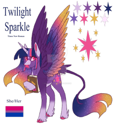 Size: 1920x2150 | Tagged: safe, artist:king-victor, part of a set, twilight sparkle, alicorn, pony, g4, alternate coat color, alternate design, alternate eye color, alternate mane color, alternate tail color, alternate tailstyle, alternate universe, bangs, bilight sparkle, bisexual pride flag, blaze (coat marking), blue text, book, character name, chest marking, cloven hooves, coat markings, color palette, colored, colored belly, colored ears, colored eyelashes, colored hooves, colored horn, colored pinnae, colored pupils, colored wings, colored wingtips, cutie mark, description at source, deviantart watermark, facial markings, feathered fetlocks, feathered tail, feathered wings, female, flat colors, frown, gradient legs, gradient mane, gradient tail, gradient wings, gradient wingtips, hoof hold, hooves, horn, large wings, leonine tail, long ears, long horn, looking at you, looking back, mare, obtrusive watermark, pale belly, pink eyelashes, pink eyes, pink hooves, pink pupils, pride, pride flag, purple wings, reference sheet, sidebangs, simple background, snip (coat marking), socks (coat markings), solo, sparkly mane, sparkly tail, sparkly wingtips, spread wings, star (coat marking), straight mane, straight tail, striped mane, tail, three quarter view, transparent background, twilight sparkle (alicorn), two toned ears, unicorn horn, watermark, wings