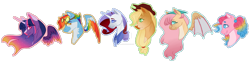 Size: 1765x453 | Tagged: safe, artist:king-victor, applejack, fluttershy, pinkie pie, rainbow dash, rarity, twilight sparkle, alicorn, bat pony, earth pony, pegasus, pony, unicorn, g4, alternate accessories, alternate design, alternate eye color, alternate hairstyle, alternate mane color, alternate universe, applejack's hat, bat ponified, beanbrows, blaze (coat marking), blue eyelashes, blue eyes, blue sclera, blush lines, blushing, bonnet, bust, coat markings, colored ears, colored eyebrows, colored eyelashes, colored horn, colored lineart, colored muzzle, colored pinnae, colored wings, colored wingtips, cowboy hat, cutie mark eyes, dark muzzle, deviantart watermark, ear fluff, ear piercing, earring, eyebrows, eyebrows visible through hair, eyeshadow, facial markings, floating wings, flutterbat, freckles, goggles, goggles on head, gradient mane, gradient wingtips, hat, horn, hybrid wings, jewelry, long horn, long mane, looking back, makeup, mane six, multicolored wings, narrowed eyes, neck freckles, obtrusive watermark, outline, pale muzzle, partially open wings, physique difference, piercing, pink eyelashes, pink eyes, ponytail, profile, purple eyeshadow, purple wings, race swap, rainbow eyebrows, rainbow wingtips, redesign, ringlets, shawl, short hair rainbow dash, short mane, signature, simple background, smiling, snip (coat marking), solo, sparkly wingtips, star (coat marking), stetson, straight mane, striped mane, tied mane, transparent background, transparent wings, twilight sparkle (alicorn), two toned coat, two toned ears, two toned mane, unicorn horn, watermark, wavy mane, white pupils, wing markings, wingding eyes, wings, yellow eyelashes, yellow eyes