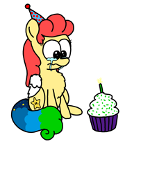 Size: 3023x3351 | Tagged: safe, artist:professorventurer, oc, oc only, oc:power star, pegasus, pony, birthday, birthday cake, cake, chest fluff, crying, cupcake, cute, female, food, hat, mare, party hat, ponified animal photo, rule 85, sad, sadorable, simple background, solo, super mario 64, white background