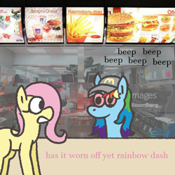 Size: 1000x1000 | Tagged: safe, artist:zoeyhorse, fluttershy, rainbow dash, pegasus, pony, g4, baseball cap, bloodshot eyes, cap, dialogue, duo, duo female, fast food, female, food, getty images, hat, high, indoors, irl, mare, mcdonald's, missing cutie mark, photo, ponies in real life, wingless