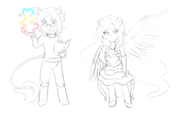 Size: 2000x1300 | Tagged: safe, artist:squeezymouse, derpibooru exclusive, oc, oc only, oc:good graces, oc:tri color, human, chibi, duo, eared humanization, ethereal hair, ethereal tail, heart, heart eyes, humanized, leonine tail, magic, one wing out, pony ears, sketch, tail, tailed humanization, unusually shaped magic aura, wingding eyes, winged humanization, wings