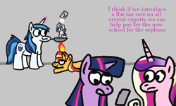 Size: 1000x600 | Tagged: safe, artist:zoeyhorse, princess cadance, princess flurry heart, shining armor, sunset shimmer, twilight sparkle, alicorn, pony, unicorn, g4, baby, baby pony, cannibalism joke, cellphone, crossing the line twice, dialogue, female, filly, fire, fire magic, foal, food, frying pan, funny background event, gray background, horn, implied cannibalism, levitation, looking at each other, looking at someone, magic, male, mare, phone, salt, shining armor is a goddamn moron, simple background, smartphone, smiling, smiling at each other, stallion, telekinesis, this will end in cannibalism, twilight sparkle (alicorn)