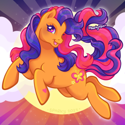 Size: 2400x2400 | Tagged: safe, artist:sparkytopia, scootaloo (g3), earth pony, pony, g3, female, looking at you, mare, orange coat, purple mane, signature, solo, sunset