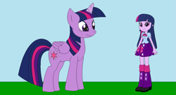 Size: 1195x645 | Tagged: safe, artist:marybethemberjoy49-1, twilight sparkle, alicorn, human, pony, equestria girls, g4, female, horse sized pony, human ponidox, outdoors, self paradox, self ponidox, solo, twilight sparkle (alicorn)