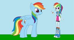 Size: 1195x645 | Tagged: safe, artist:marybethemberjoy49-1, rainbow dash, human, pegasus, pony, equestria girls, g4, female, horse sized pony, human ponidox, outdoors, self paradox, self ponidox, solo, tomboy