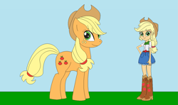 Size: 1195x708 | Tagged: safe, artist:marybethemberjoy49-1, applejack, earth pony, human, pony, equestria girls, g4, applejack's hat, cowboy hat, female, hat, human ponidox, looking at you, outdoors, pony sized pony, self paradox, self ponidox, solo