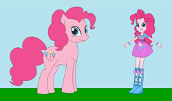 Size: 1195x708 | Tagged: safe, artist:marybethemberjoy49-1, pinkie pie, earth pony, human, pony, equestria girls, g4, female, horse sized pony, human ponidox, looking at you, outdoors, self paradox, self ponidox, solo