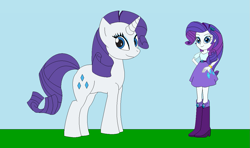 Size: 1195x708 | Tagged: safe, artist:marybethemberjoy49-1, rarity, human, pony, unicorn, equestria girls, g4, female, horn, horse sized pony, human ponidox, looking at you, outdoors, self paradox, self ponidox, solo