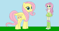 Size: 1195x632 | Tagged: safe, artist:marybethemberjoy49-1, fluttershy, human, pegasus, pony, equestria girls, g4, female, horse sized pony, human ponidox, looking at you, outdoors, self paradox, self ponidox, solo